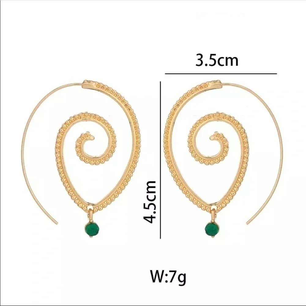 NEW Boho Golden Swirl Hoop Earrings Green Crystal